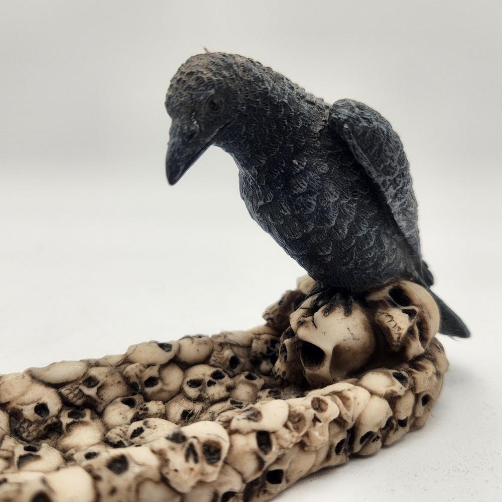 Gothic Raven Crow on Human Skulls Incense Burner Holder Resin Macabre Decor - Picture 6 of 12